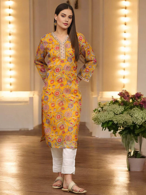 Yellow Floral Printed Straight Kota Kurta