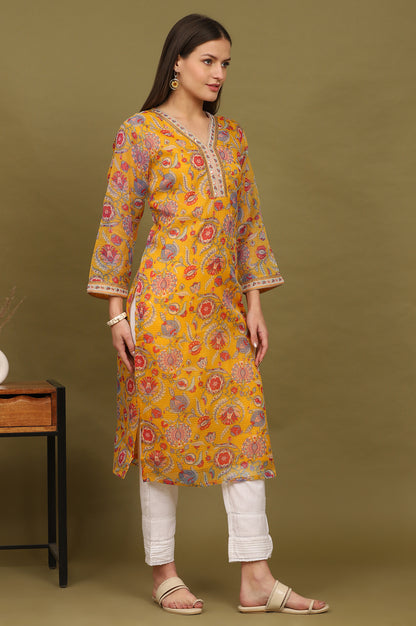 Yellow Floral Printed Straight Kota Kurta