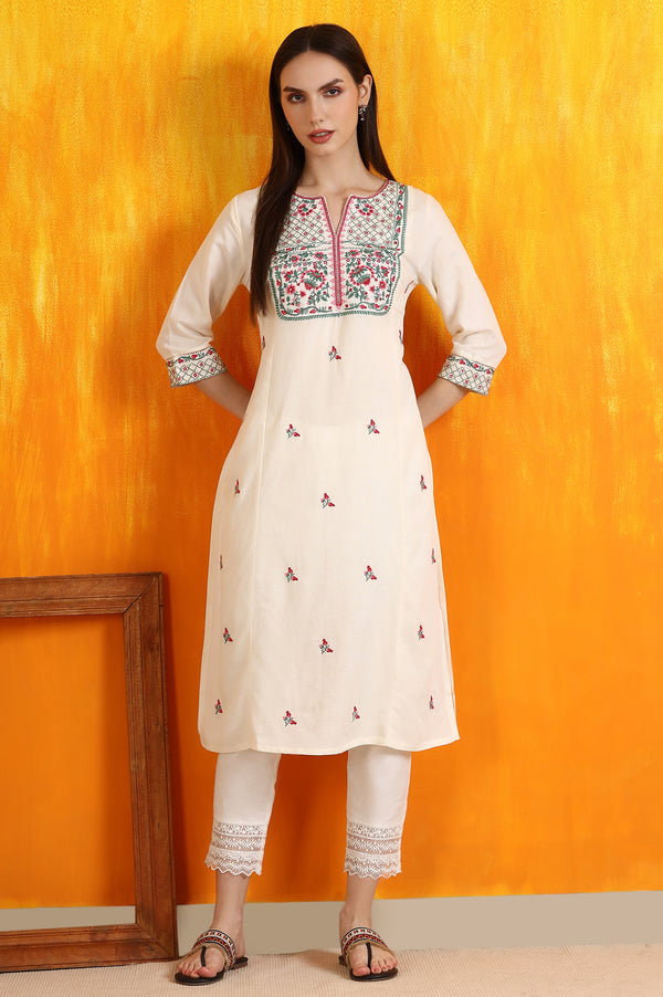 Off-White Embroidered Yoke Rayon Flax Straight Kurta