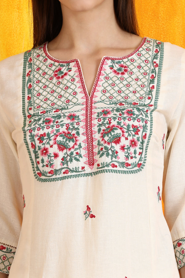Off-White Embroidered Yoke Rayon Flax Straight Kurta
