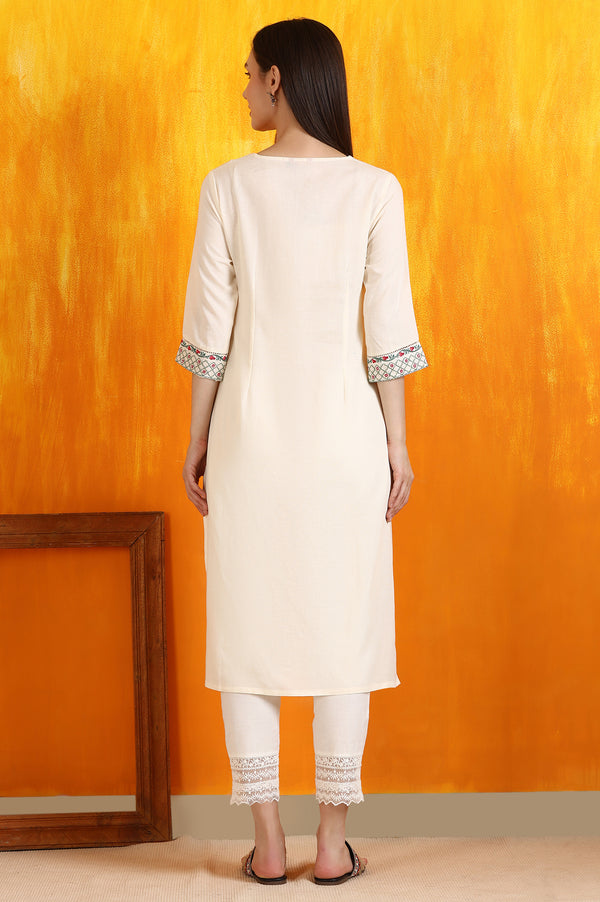 Off-White Embroidered Yoke Rayon Flax Straight Kurta