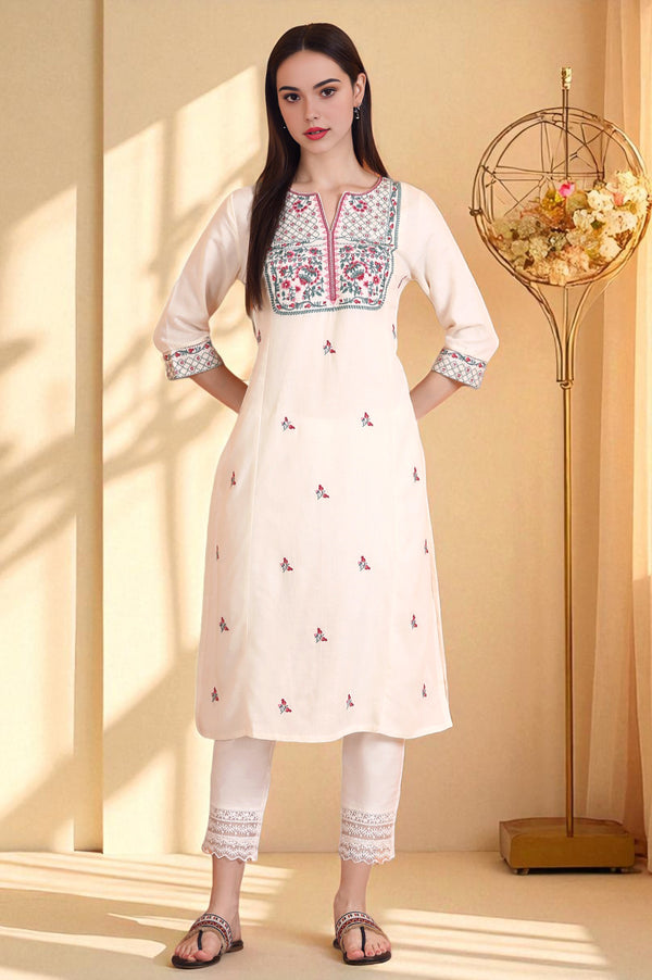 Off-White Embroidered Yoke Rayon Flax Straight Kurta