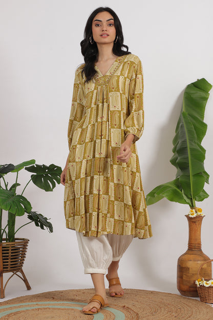 Green Paisley Printed Cotton Crepe Kurta with Mirror Embroidery