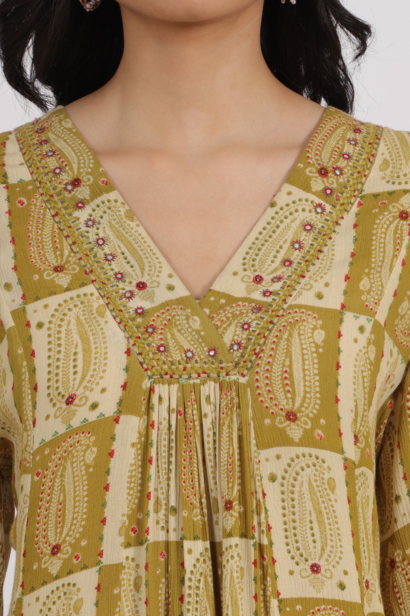 Green Paisley Printed Cotton Crepe Kurta with Mirror Embroidery