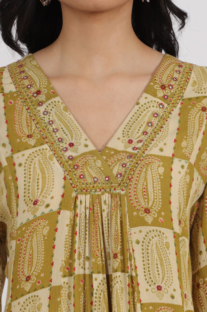 Green Paisley Printed Cotton Crepe Kurta with Mirror Embroidery