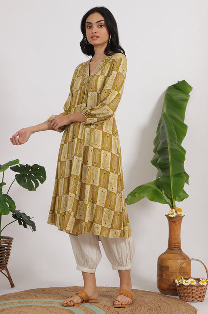Green Paisley Printed Cotton Crepe Kurta with Mirror Embroidery