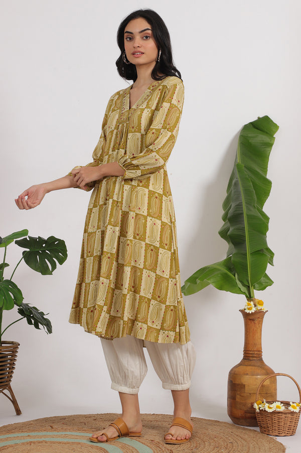 Green Paisley Printed Cotton Crepe Kurta with Mirror Embroidery