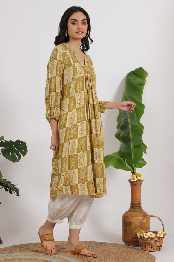 Green Paisley Printed Cotton Crepe Kurta with Mirror Embroidery