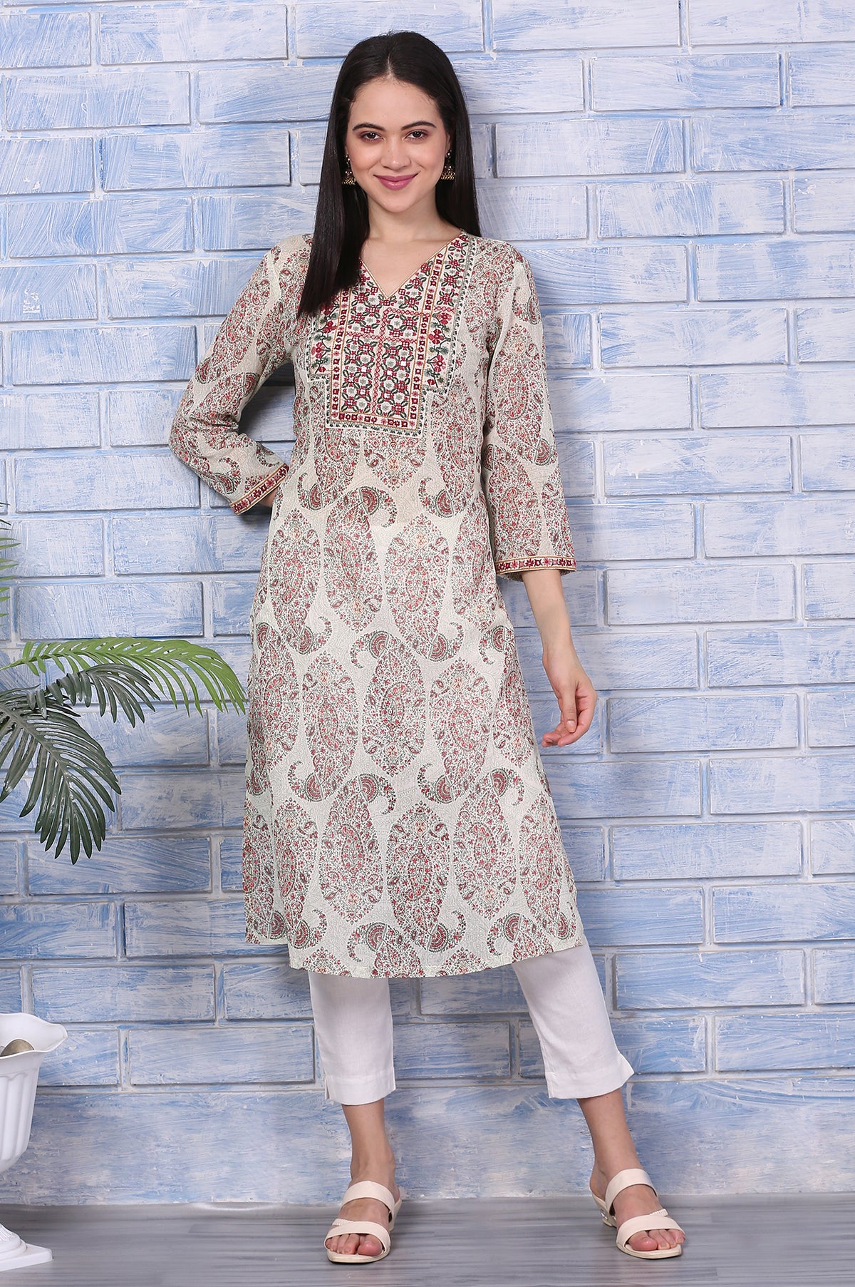 White Paisley Printed Pure Cotton Straight Kurta with Embroidered Yoke - XS
