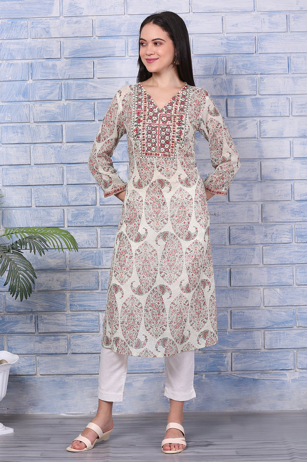 White Paisley Printed Pure Cotton Straight Kurta with Embroidered Yoke