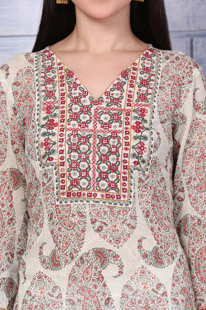 White Paisley Printed Pure Cotton Straight Kurta with Embroidered Yoke