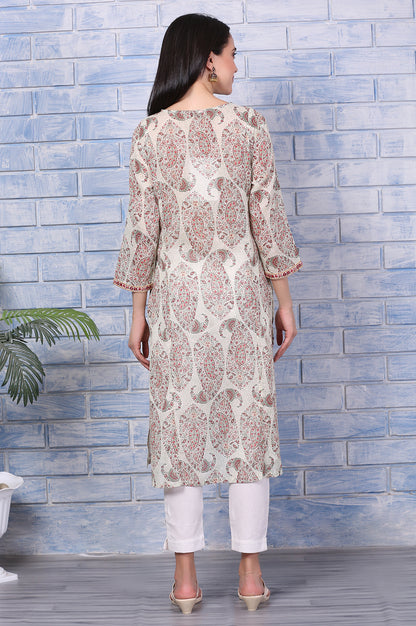 White Paisley Printed Pure Cotton Straight Kurta with Embroidered Yoke