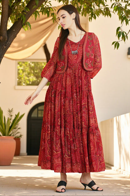 Red Paisley Printed Chiffon Dress and Waistcoat