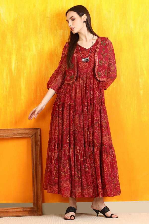 Red Paisley Printed Chiffon Dress and Waistcoat