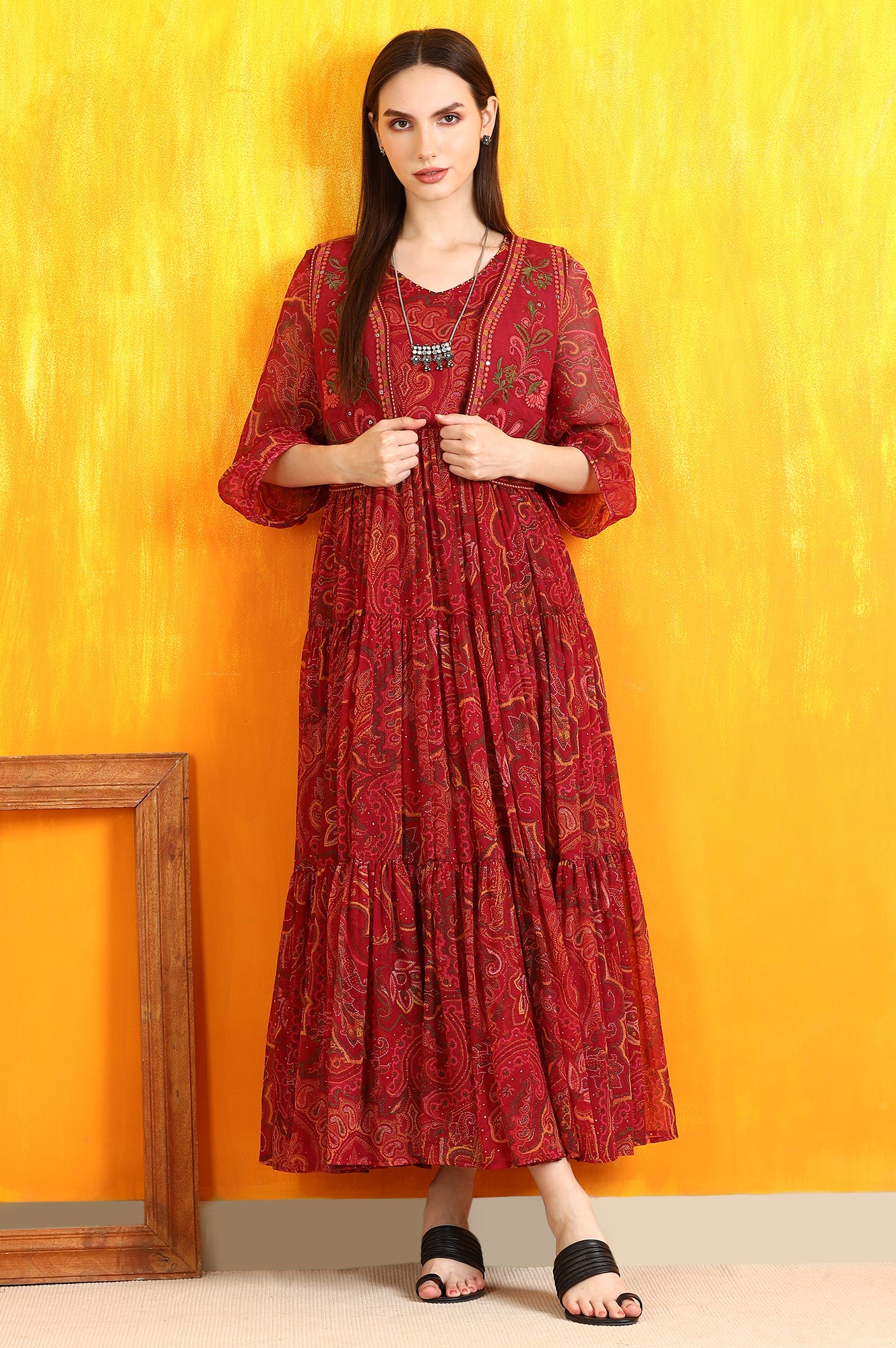 Red Paisley Printed Chiffon Dress and Waistcoat