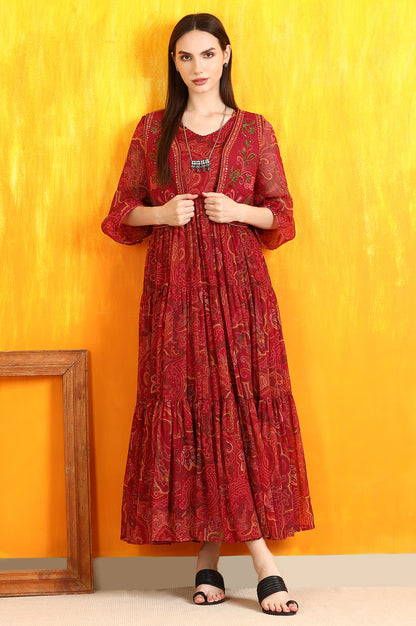 Red Paisley Printed Chiffon Dress and Waistcoat
