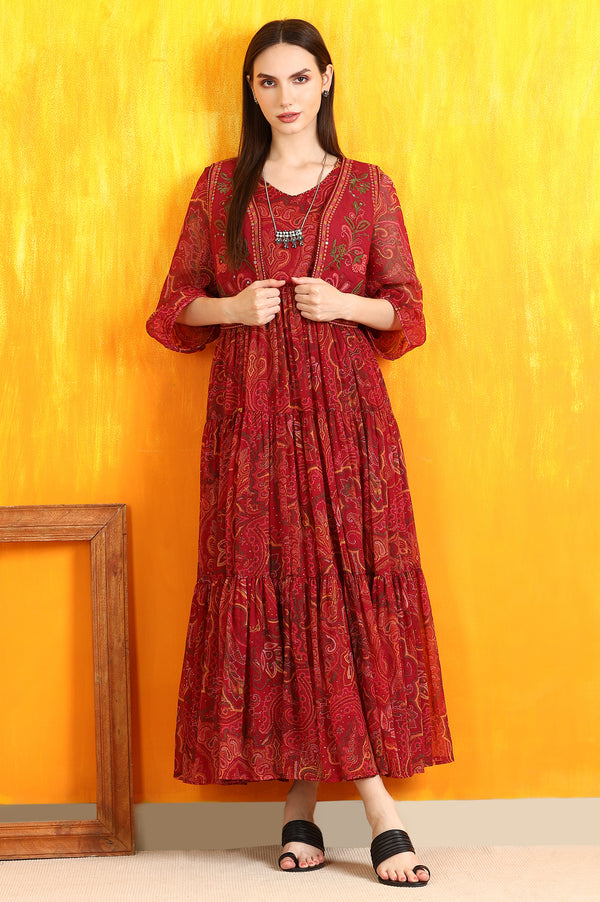 Red Paisley Printed Chiffon Dress and Waistcoat