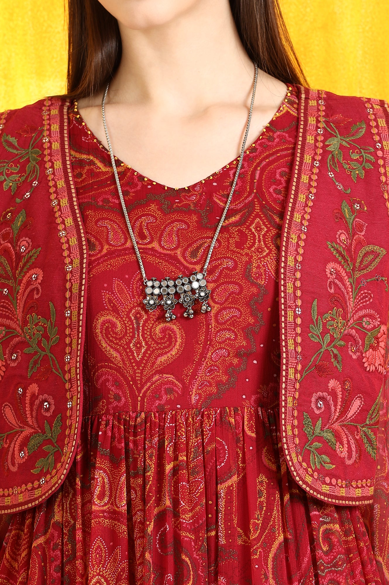 Red Paisley Printed Chiffon Dress and Waistcoat