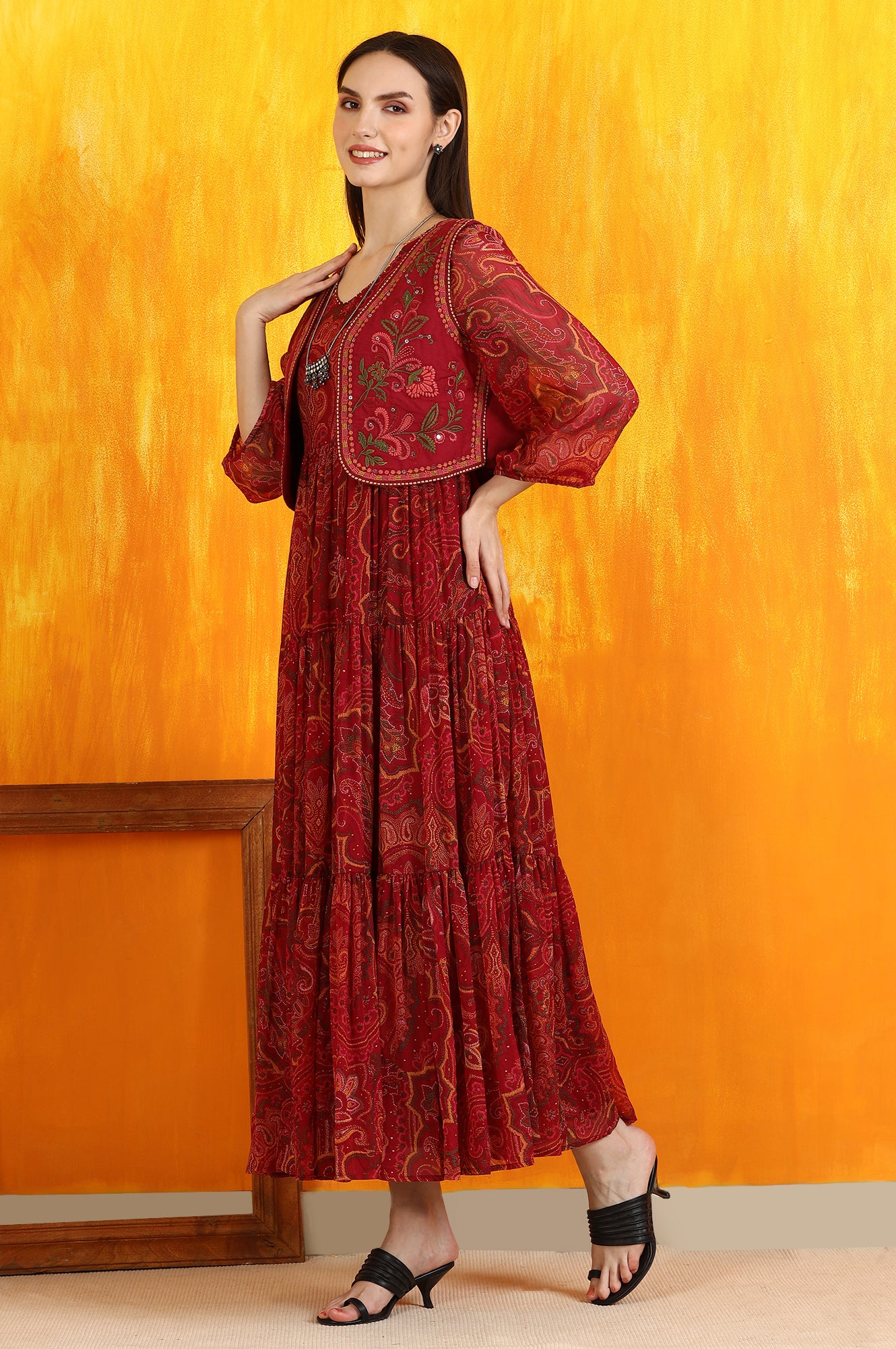 Red Paisley Printed Chiffon Dress and Waistcoat