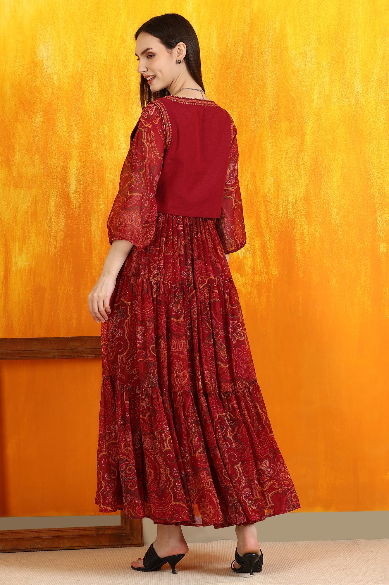 Red Paisley Printed Chiffon Dress and Waistcoat