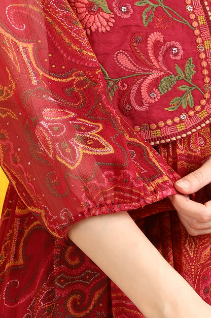 Red Paisley Printed Chiffon Dress and Waistcoat