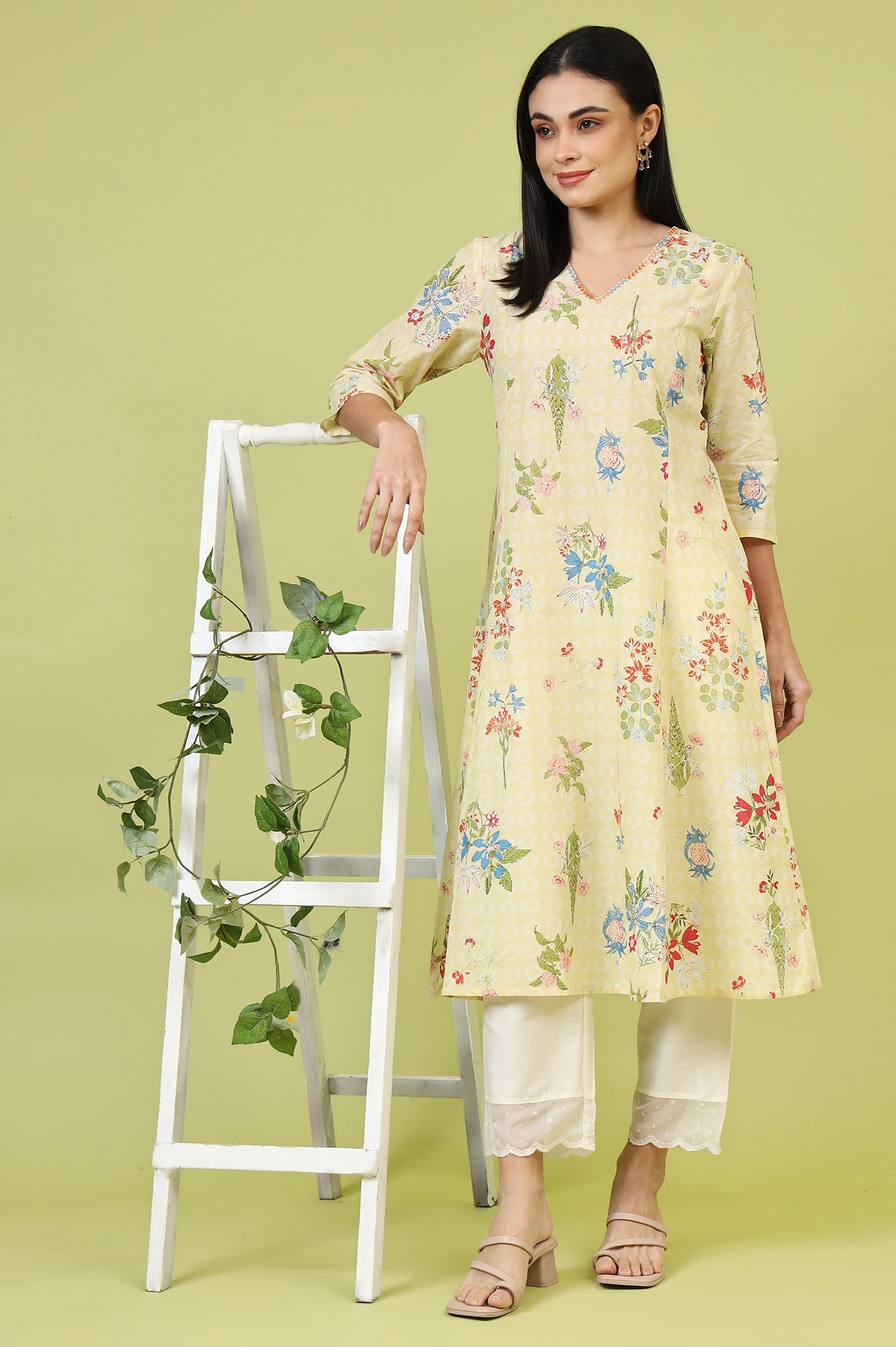 Yellow Floral Printed Pure Cotton A-line Kurta with Thread Embroidery