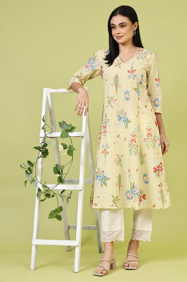 Yellow Floral Printed Pure Cotton A-line Kurta with Thread Embroidery