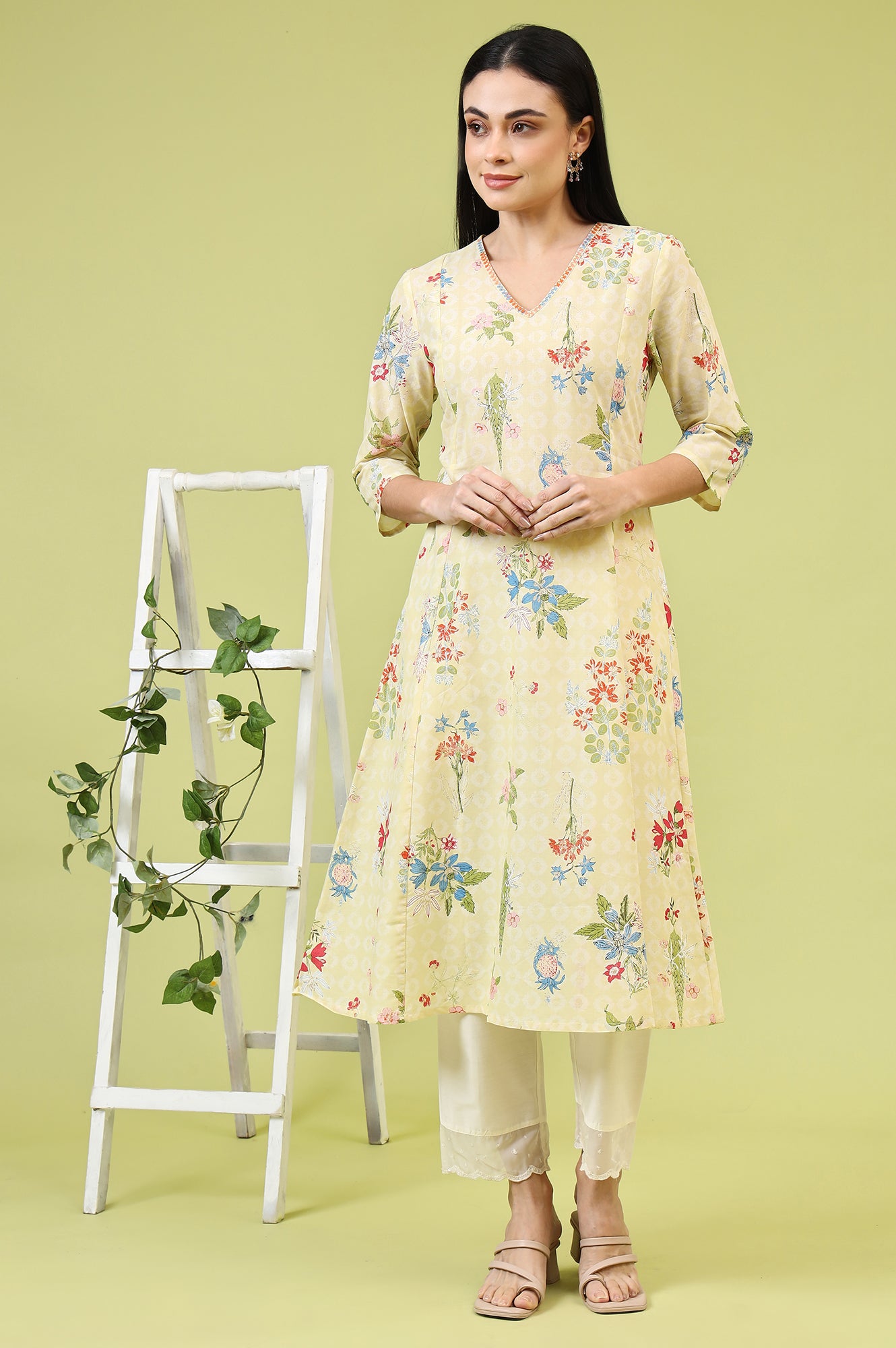 Yellow Floral Printed Pure Cotton A-line Kurta with Thread Embroidery