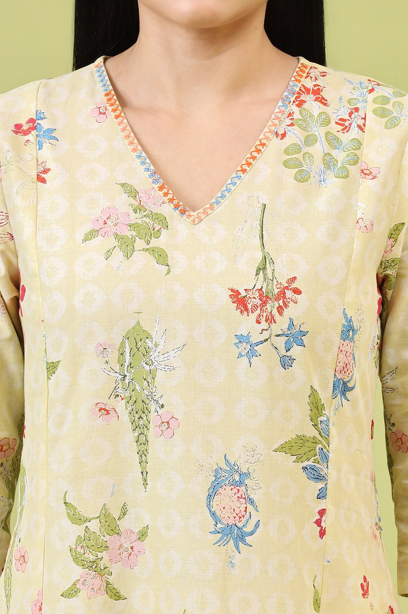 Yellow Floral Printed Pure Cotton A-line Kurta with Thread Embroidery