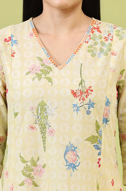 Yellow Floral Printed Pure Cotton A-line Kurta with Thread Embroidery
