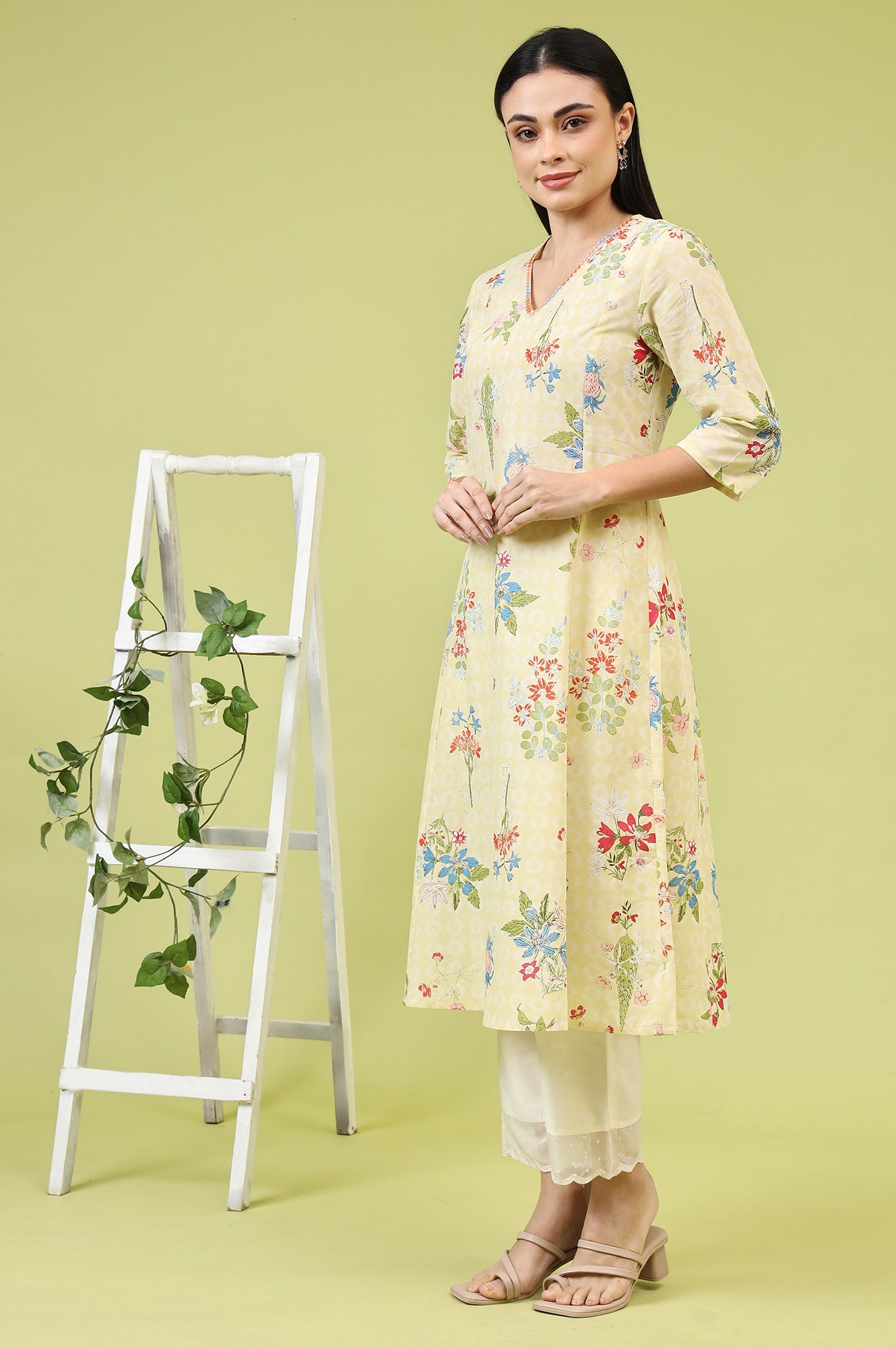 Yellow Floral Printed Pure Cotton A-line Kurta with Thread Embroidery