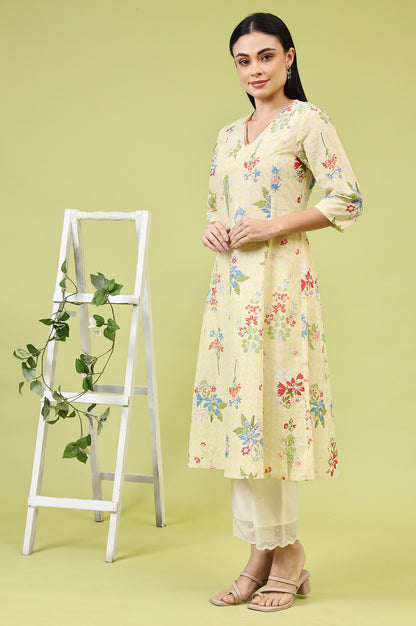 Yellow Floral Printed Pure Cotton A-line Kurta with Thread Embroidery