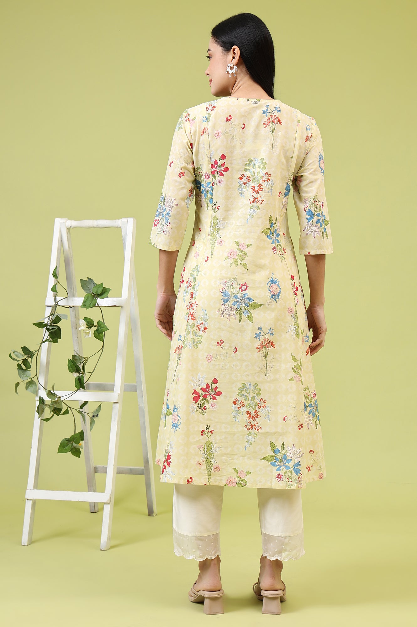 Yellow Floral Printed Pure Cotton A-line Kurta with Thread Embroidery