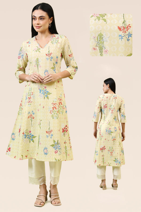 Yellow Floral Printed Pure Cotton A-line Kurta with Thread Embroidery