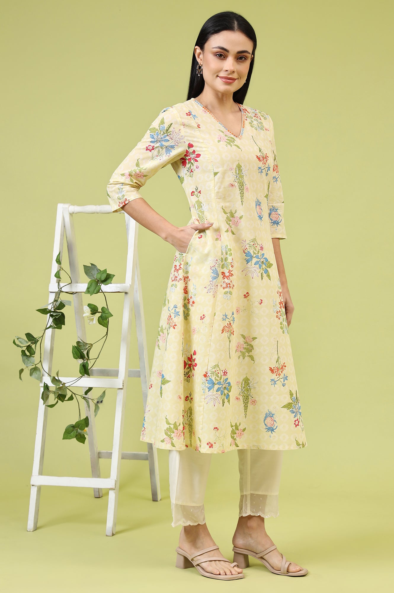 Yellow Floral Printed Pure Cotton A-line Kurta with Thread Embroidery