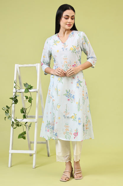 Blue Floral Printed Pure Cotton A-line Kurta with Thread Embroidery
