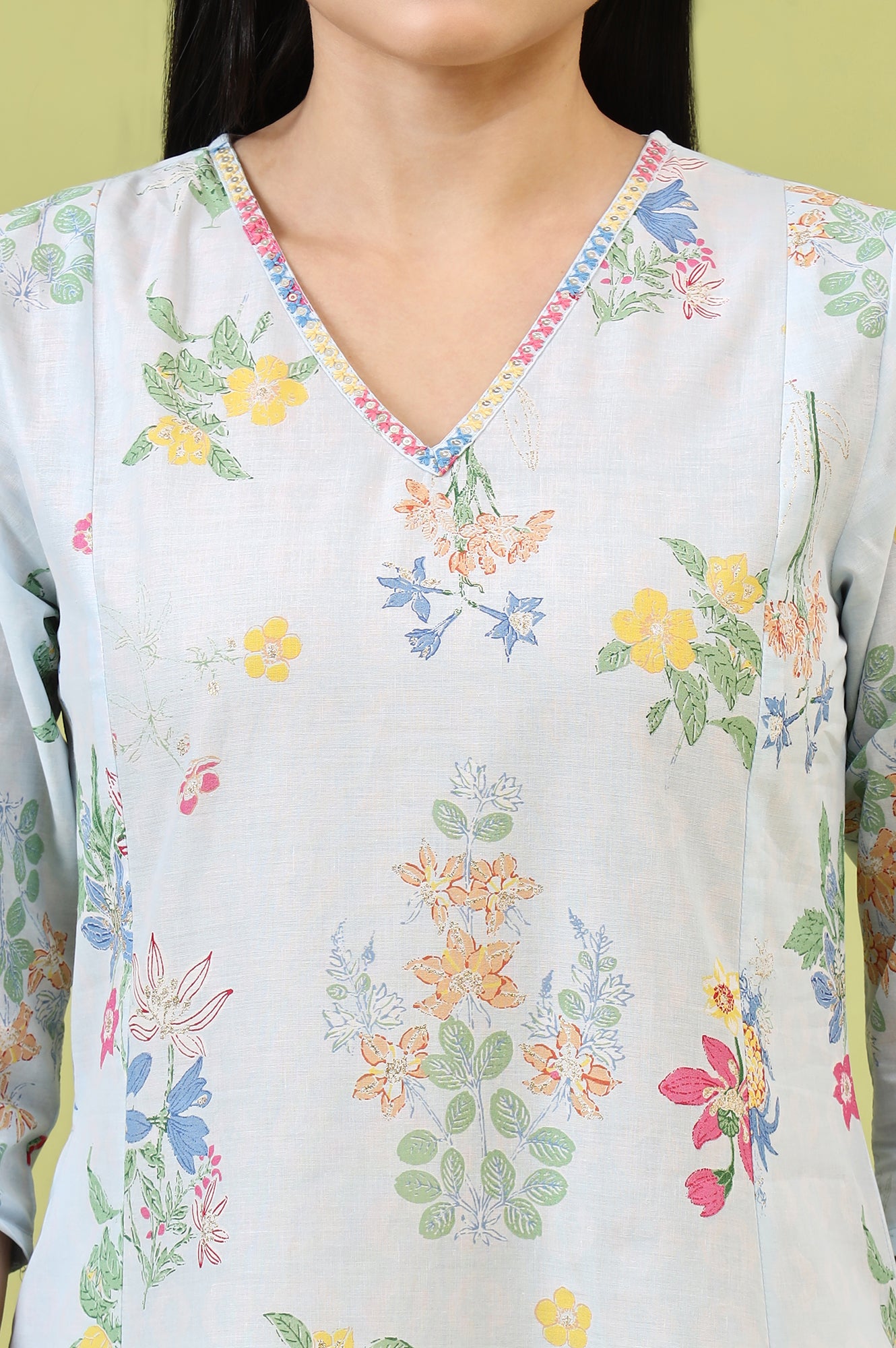 Blue Floral Printed Thread Embroidered Pure Cotton A-Line Kurta and Jegging Set