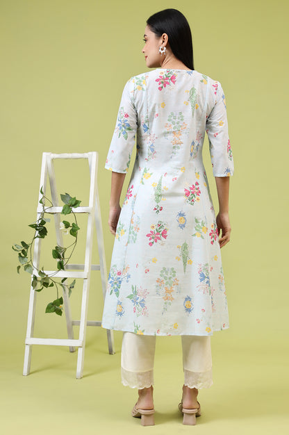 Blue Floral Printed Pure Cotton A-line Kurta with Thread Embroidery