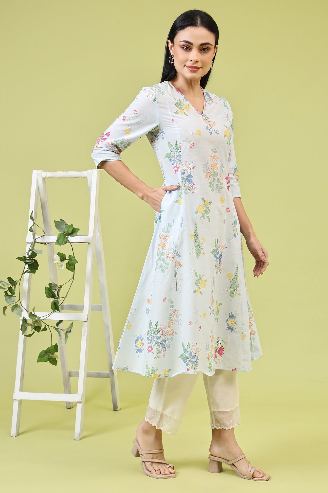 Blue Floral Printed Pure Cotton A-line Kurta with Thread Embroidery