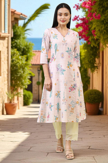 Pink Floral Printed Pure Cotton A-line Kurta with Thread Embroidery