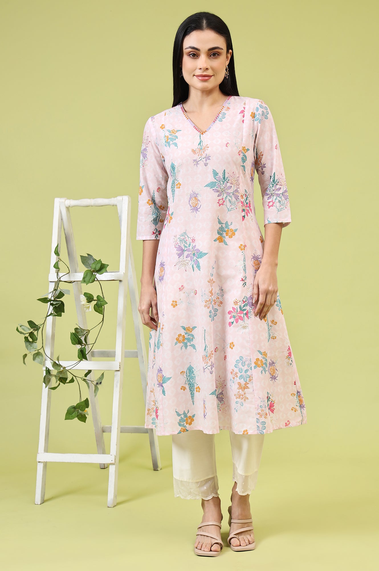 Pink Floral Printed Pure Cotton A-line Kurta with Thread Embroidery