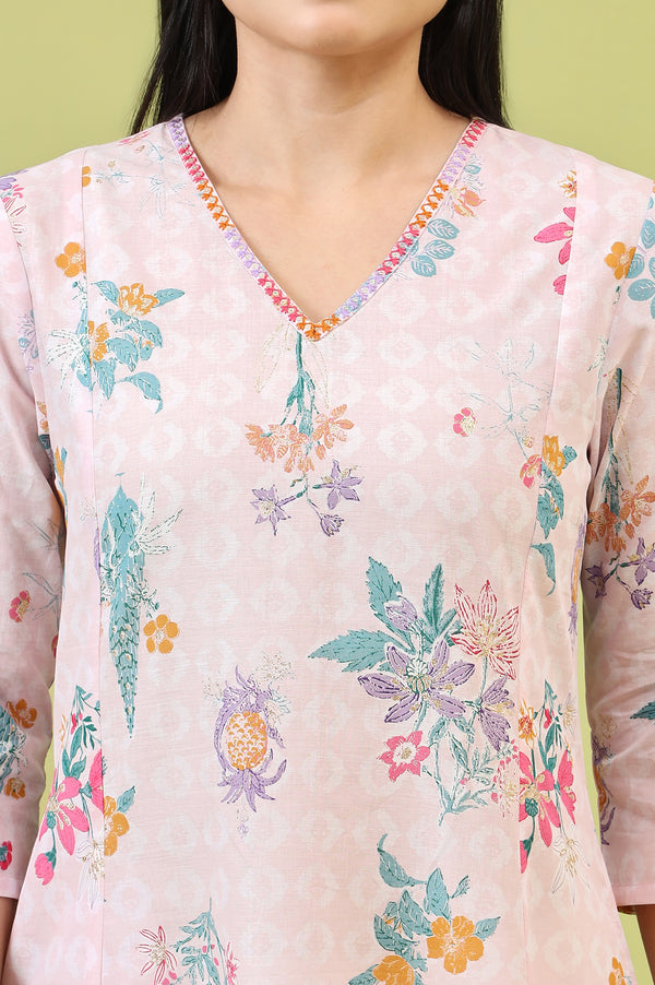 Pink Floral Printed Thread Embroidered Pure Cotton A-Line Kurta and Slim Pant Set