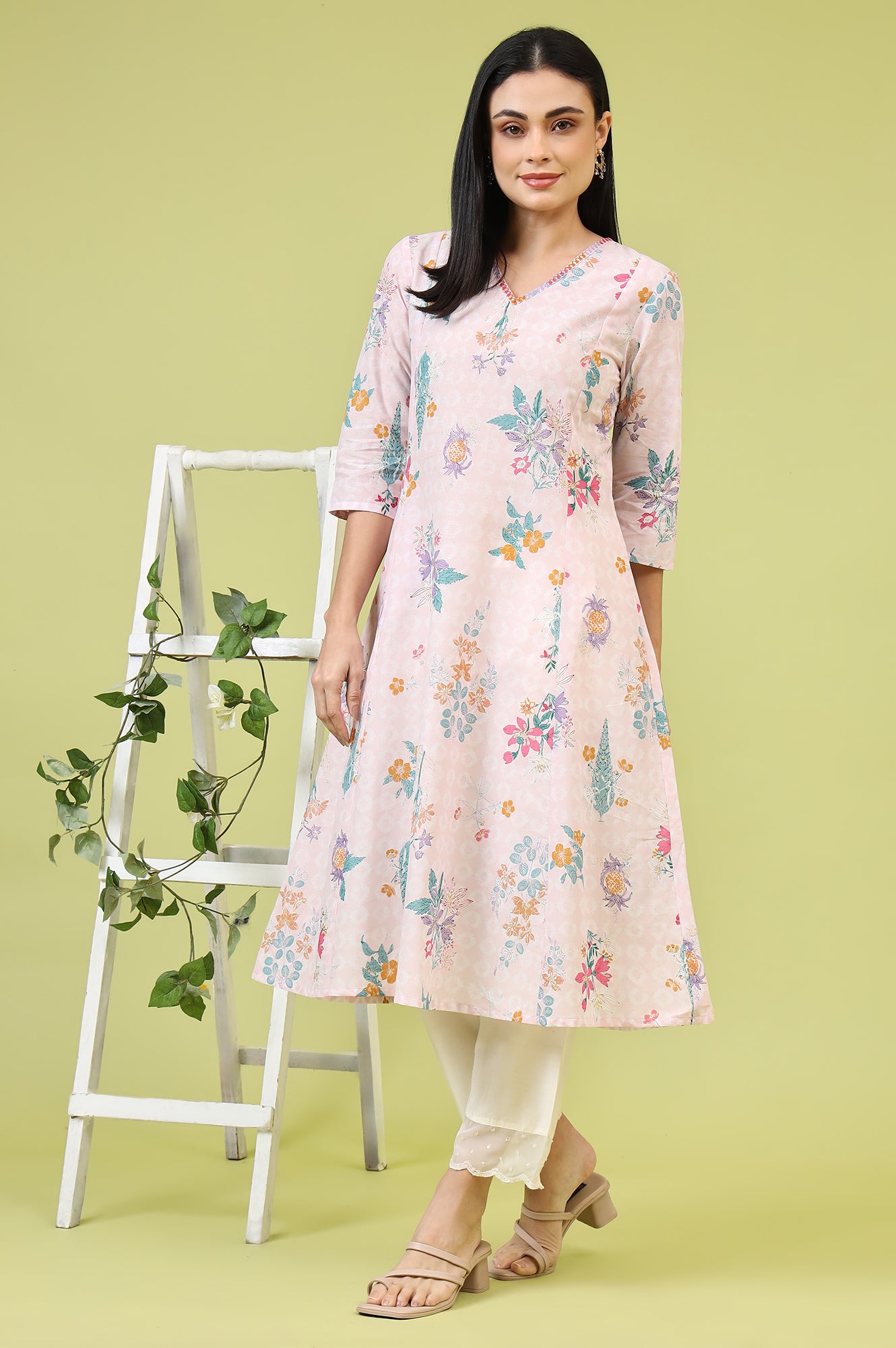 Pink Floral Printed Pure Cotton A-line Kurta with Thread Embroidery