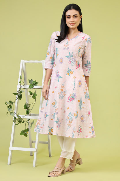 Pink Floral Printed Pure Cotton A-line Kurta with Thread Embroidery