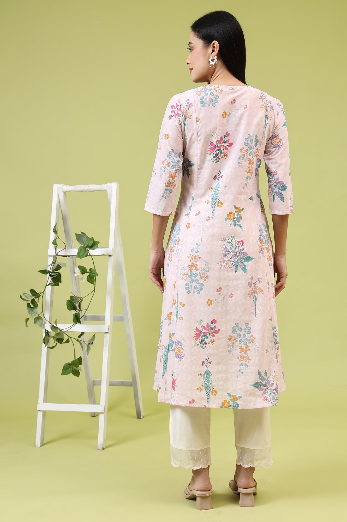 Pink Floral Printed Pure Cotton A-line Kurta with Thread Embroidery