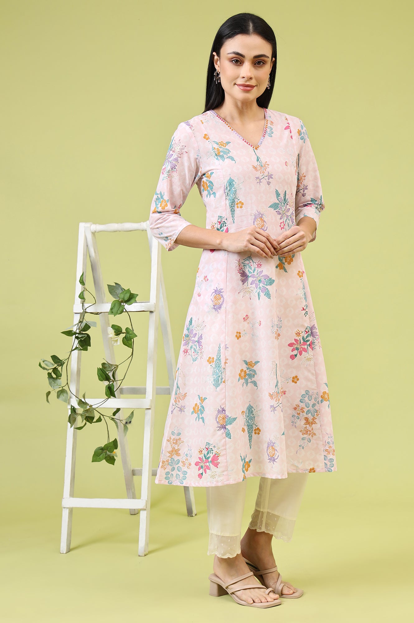 Pink Floral Printed Pure Cotton A-line Kurta with Thread Embroidery
