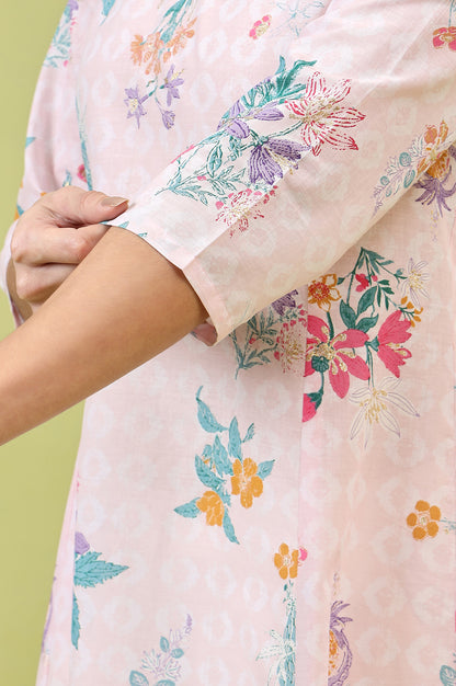 Pink Floral Printed Pure Cotton A-line Kurta with Thread Embroidery