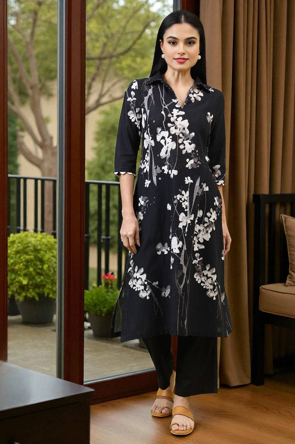 Black Floral Printed Pure Cotton Straight Kurta