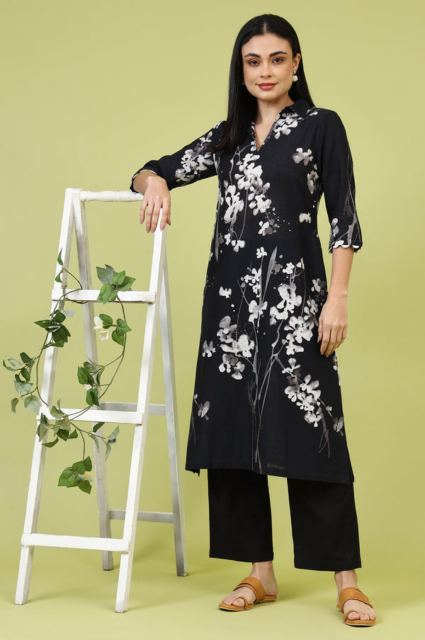 Black Floral Printed Pure Cotton Straight Kurta