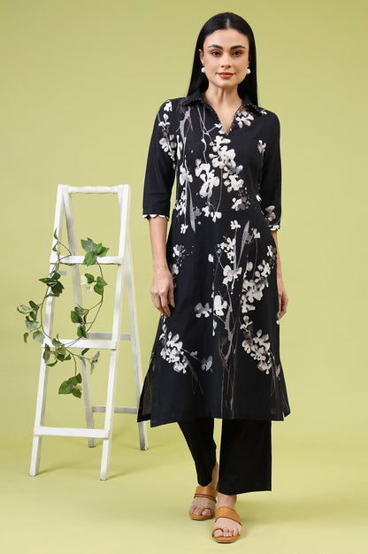 Black Floral Printed Pure Cotton Straight Kurta